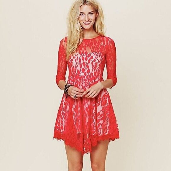 Free People Red Lace Mesh Dress Built In Under Slip With Adjustable Straps Sz 2 - Picture 4 of 10